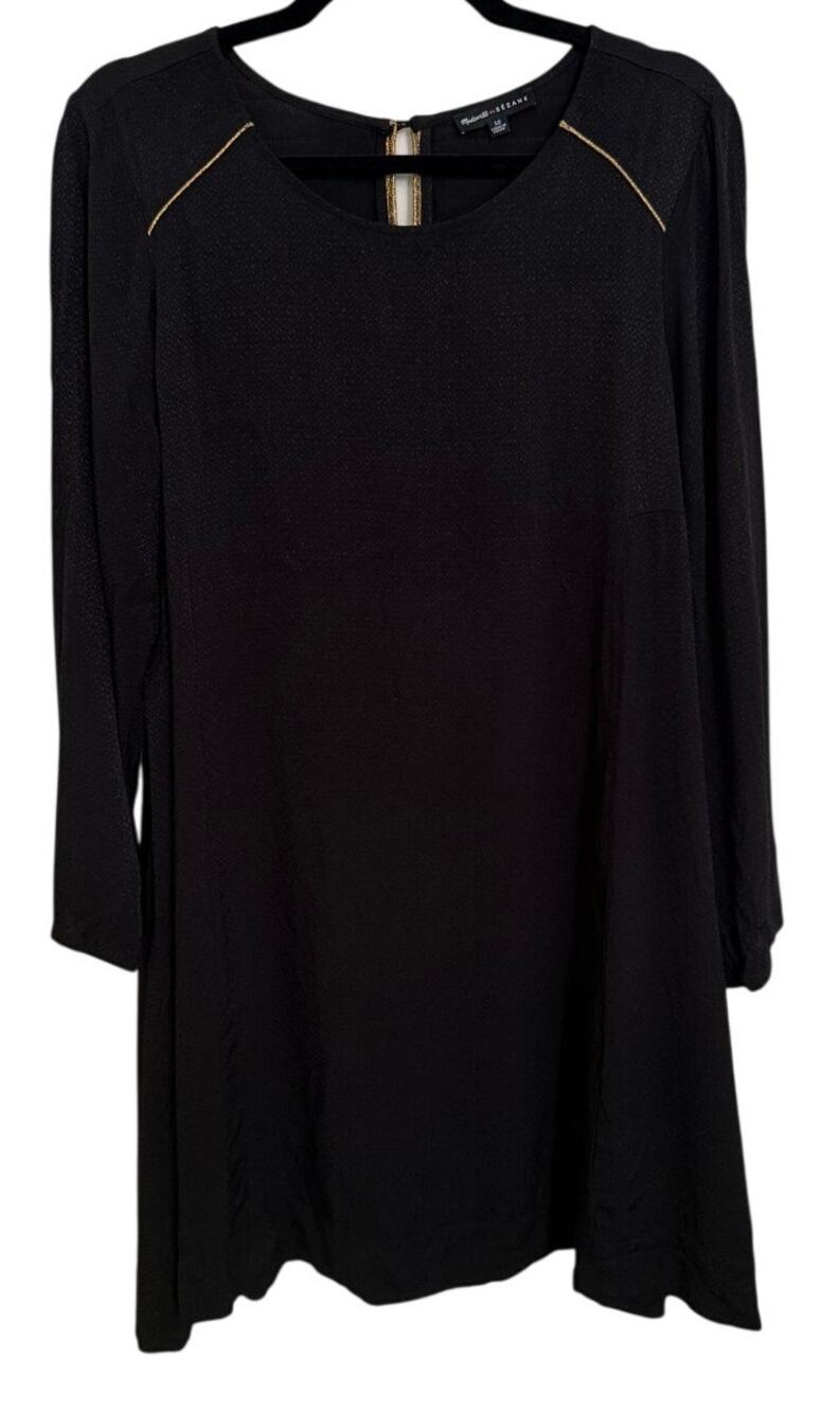 Madewell Sezane Black Gold Accent Quarter Sleeve Shift Dress Size 10 Minimalist